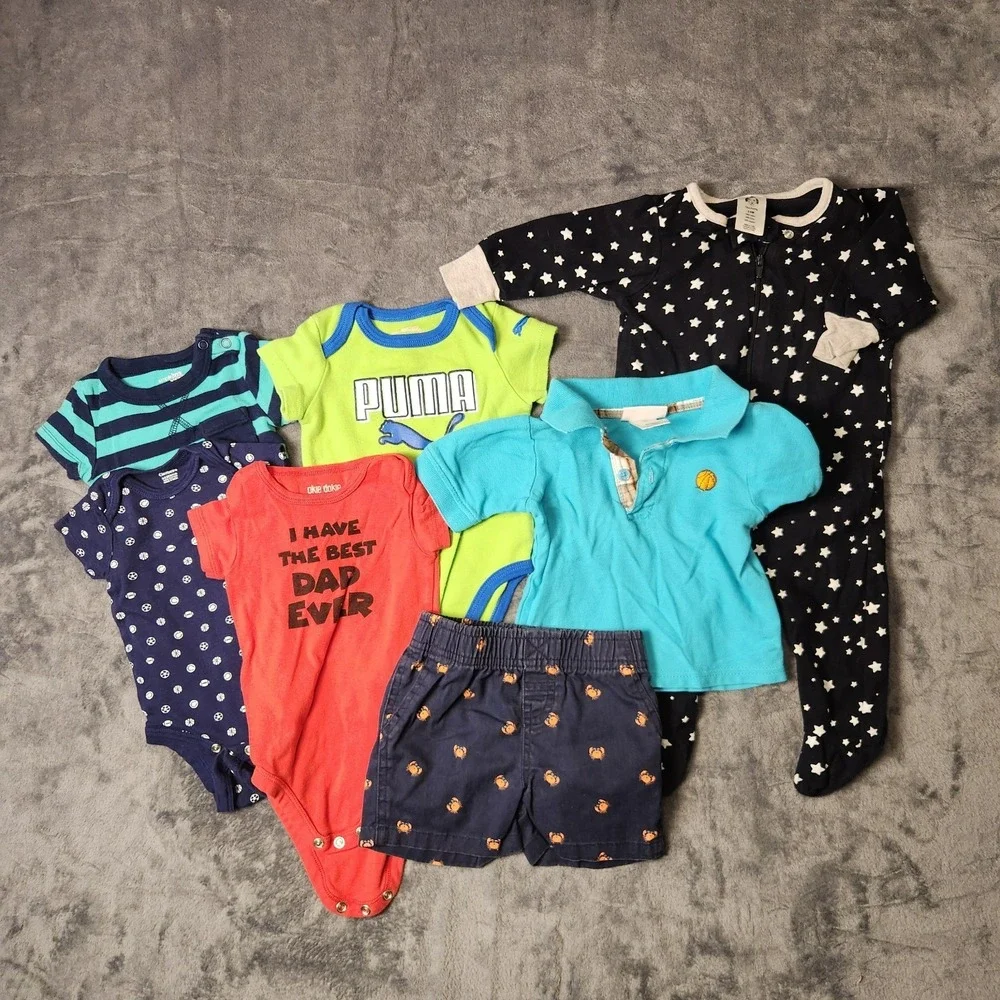 Baby Boy Clothes Lot 3-6 Months Puma Gerber Okie Dokie Shorts Bodysuits 7pc